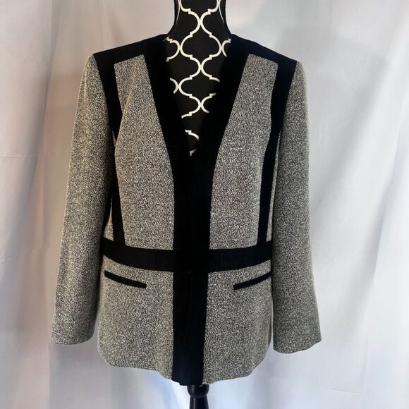 Nipon Boutique Tweed w/ Contrast Black Trim Chic Classic Blazer Size 16 - Picture 6 of 10